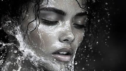 Woman face splashed with water droplets beauty portrait