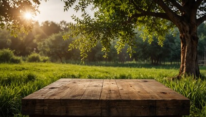 Tree Table wood Podium in farm display for food, perfume, and other products on nature background, Table in farm with grass, Sunlight at morning
