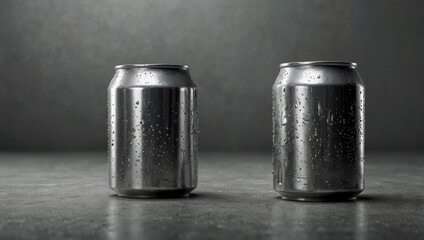 Two shiny blank soda cans for mockup against a simple gray background 