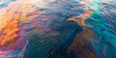 Oil spill on water surface, Environmental pollution with colorful patterns

