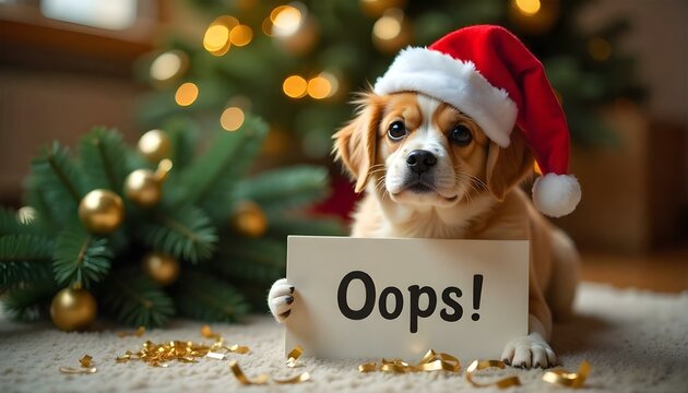Cute dog with an 'oops' sign, surrounded by ornaments and a fallen Christmas tree