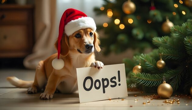 Cute dog in a Santa hat with an Oops sign next to a broken Christmas tree