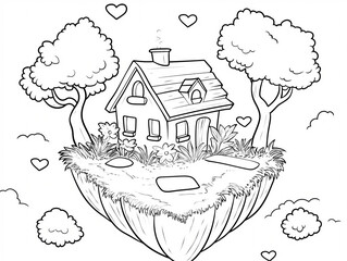 Page de coloriage d’une maison sur une île flottante