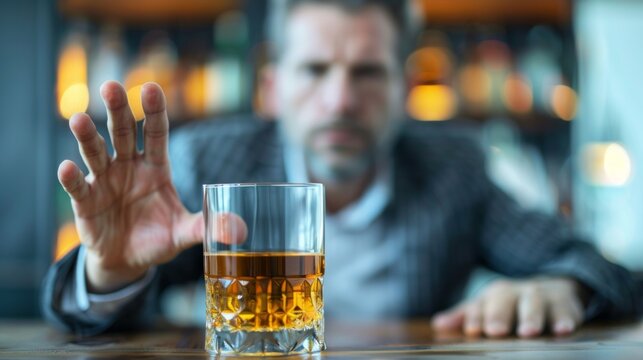 Man in gray suit at bar, hand outstretched to whiskey glass. Left hand appears to stop gesture, showing refusal. Somber, formal tone with hidden face.