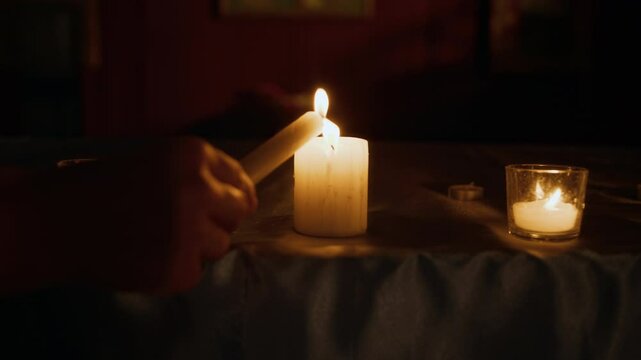 Cropped shot of unrecognizable hand lighting taper candle from candle table inside catholic church in dim warm light of three lighted candles