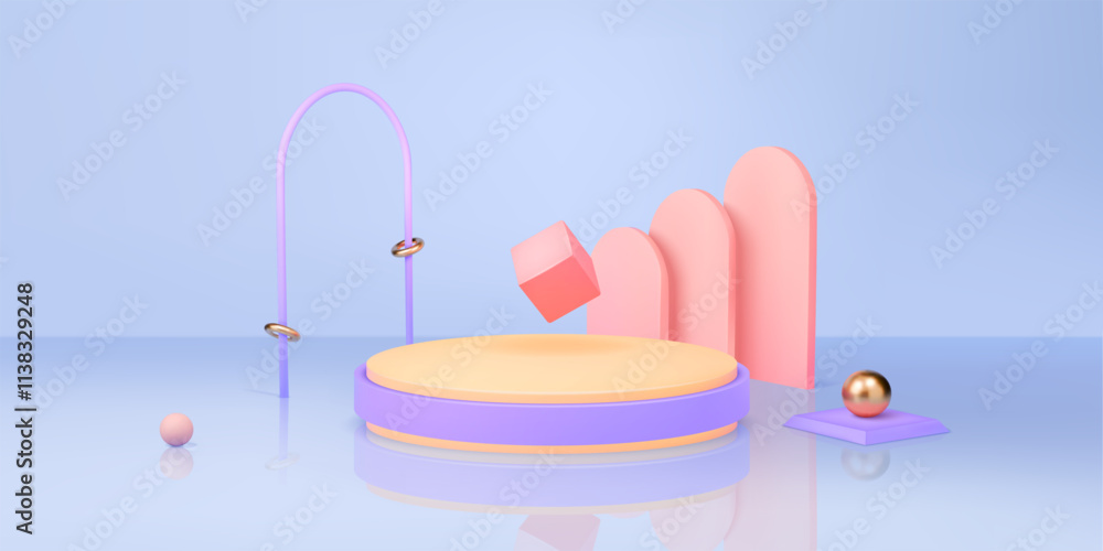 Aufkleber abstract podiums. geometric playground scene, block and pastel ball pedestal with steps and shelf. m