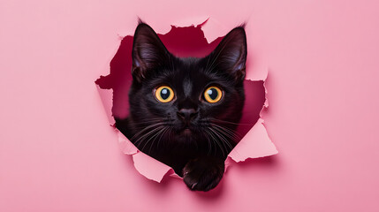 A playful black cat peeking through a ripped hole in pink paper�illustrating its mischievous nature.