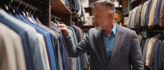 Fototapeta premium Focused older man in grey suit examines a suit in a men's clothing store with neat racks of shirts. Lively, well-organized retail ambiance.