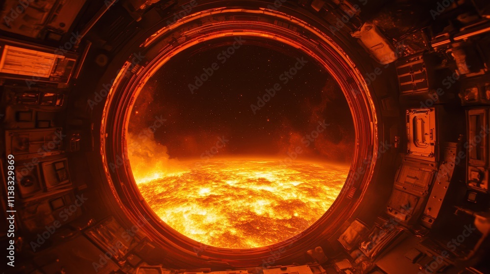 Poster breathtaking view of a fiery sun through spacecraft window showcasing the intense solar surface and 