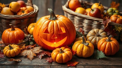 A carved pumpkin with a lit candle glows in the center of a rustic autumn scene, surrounded by pumpkins, gourds, and fallen leaves.