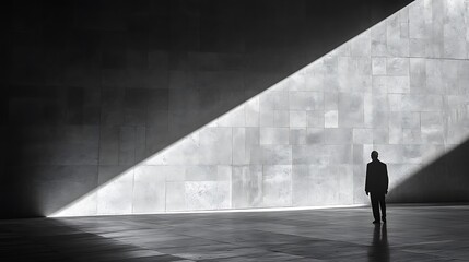 Solitary Figure Stands In Sunlit Concrete Room