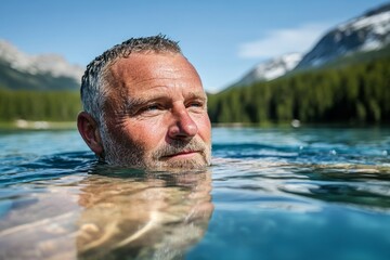 Tourist swimming in a crystal-clear mountain lake enjoying summer vacation