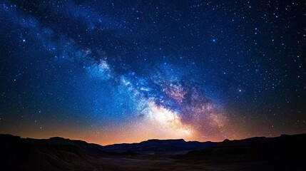 Fototapeta premium Breathtaking Starry Sky Over Majestic Mountains at Nightfall in a Tranquil Wilderness Environment