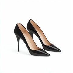 Elegant black patent leather high heels with a pointed toe and slender stiletto heel, perfect for formal and stylish occasions.