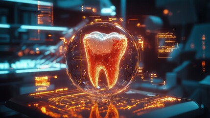 Glowing tooth hologram analyzed within a futuristic digital laboratory for dental research and marketing.