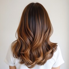 Naklejka premium A woman with long brown hair is wearing a white shirt. The hair is styled in a way that it is long and flowing Honey Caramel Balayage