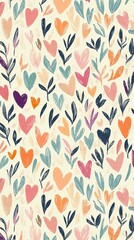 Colorful Hearts and Leaves Pattern in Soft Pastels, Ideal for Backgrounds, Textiles, and Creative Projects Featuring Stylish and Playful Floral Design Elements