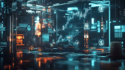 A high-tech business hub filled with holographic charts showing rapid business growth, floating currency symbols, and rising market indicators, representing financial success.