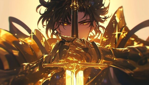 anime golden fantasy knight with sword
