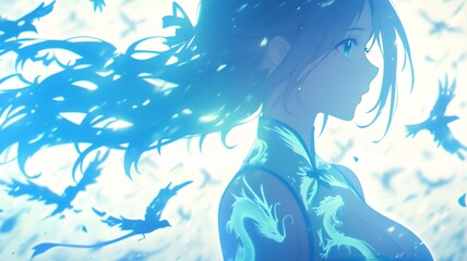 anime girl silhouetted against blue background with birds