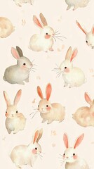 Cute and Adorable Bunny Illustration Pattern Suitable for Children's Products, Home Decor, Fabric Designs, and Craft Projects Featuring Soft Pastel Colors and Playful Expressions