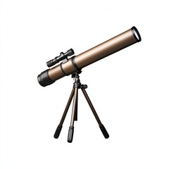 A sleek telescope mounted on a sturdy tripod, designed for stargazing and celestial observation, featuring a brown metallic finish.