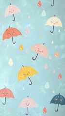 Cheerful Colorful Umbrellas on Blue Background with Raindrops, Perfect for Kids' Room Decor and Fun Illustrations, Ideal for Playful Designs and Bright Aesthetic