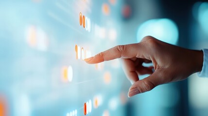 A Woman with a Pointer Leading Strategy concept. Touchscreen interaction with a glowing interface panel.