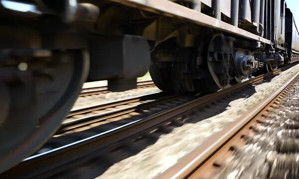 Close-up of a train wheel on railway tracks in motion.