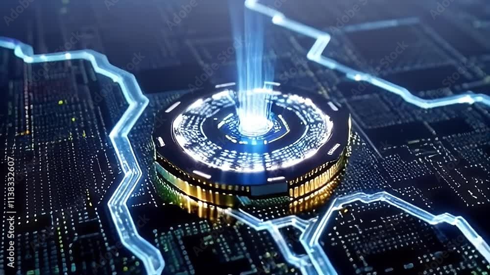 Poster futuristic ai chip generating glowing pathways of binary code, showcasing advanced technology and in