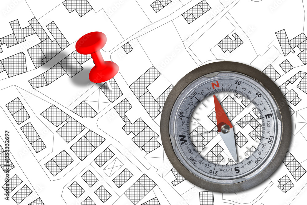 Poster finding the right building - solution concept with an imaginary city map and navigational compass wi