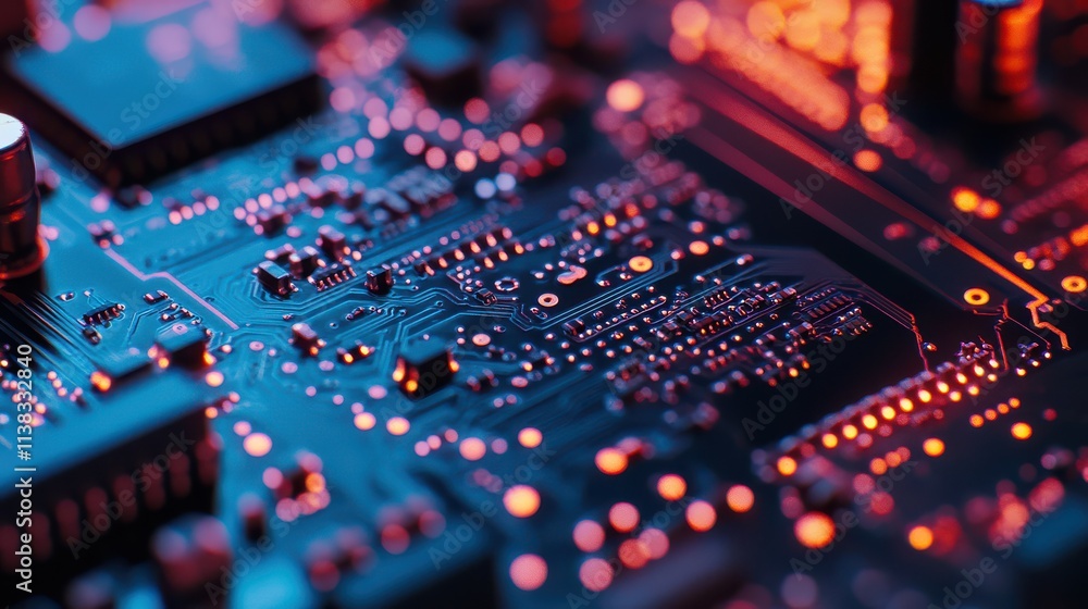 Poster close-up view of a circuit board with glowing components and intricate details, illustrating technol