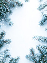 Obraz premium Frosted Pine Branches Forming a Beautiful Frame and Border for a Winter Holiday Scene with Subtle Snowflakes and a Cool Blue Background