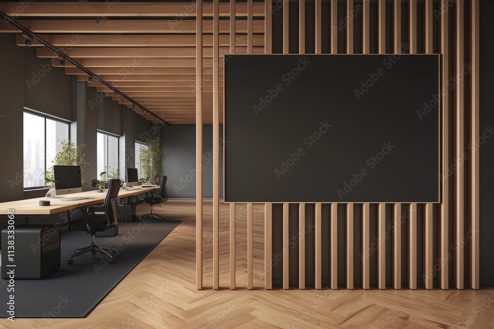 Poster a mockup of an empty black canvas on the wall inside a modern office with wooden slats and wood-pane