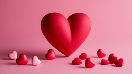 3d pink hearts on a white background.  many red & pink hearts. Greeting banner for love day with cute red bubble 3d effect levitation hearts. Valentine's Day concept.