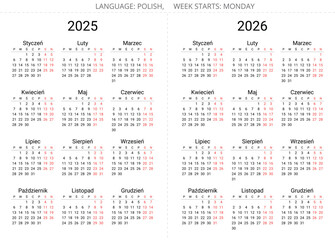 2025 and 2026 years polish calendars. Printable vector illustration for Poland