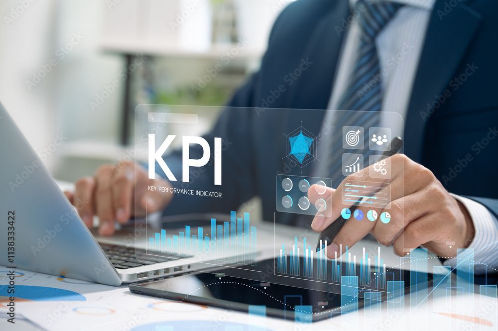 Aufkleber business professional analyzing kpi data on digital dashboard for performance management and growth 