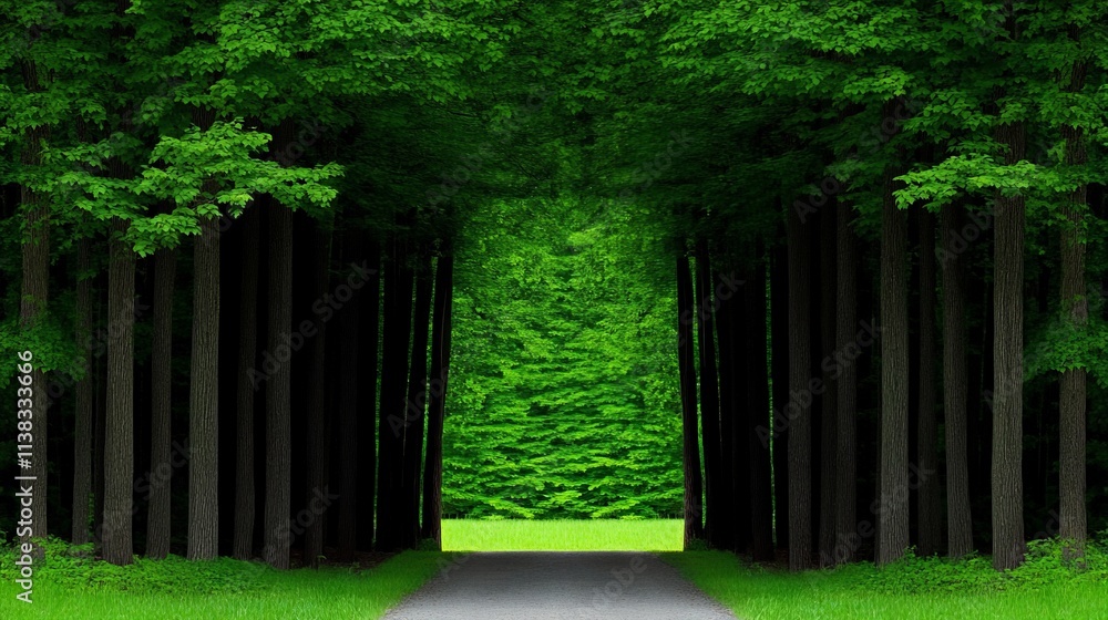 Poster forest path: a verdant path winds through a dense canopy of trees, leading to a shimmering expanse o