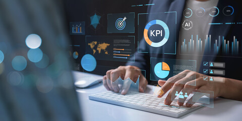 Business Professional Using AI Powered KPI Dashboards for Data Analysis, Performance Metrics,...