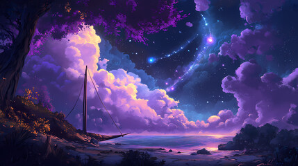 Serene purple clouds draping across the sky inviting relaxation and contemplation creating a peaceful haven in a dreamlike atmosphere perfect for a restful escape. Haven. Illustration