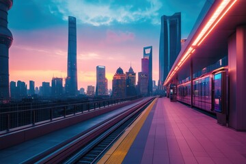 Obraz premium Shanghai skyline at sunset, viewed from a modern train platform, showcasing futuristic architecture and vibrant colors.
