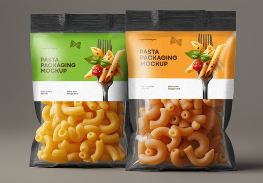 Realistic Pasta Packaging Mockup with Transparent Front View &ndash; Perfect for Food Branding, Organic Product Promotion, or Supermarket Shelf Display Presentations