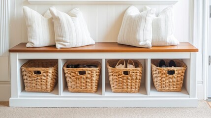 Stylish Entryway Bench with Cozy Pillows and Baskets
