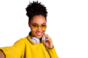 Close up photo of modern cute teen make photos moment video call have earphone yellow pullover isolated over violet background