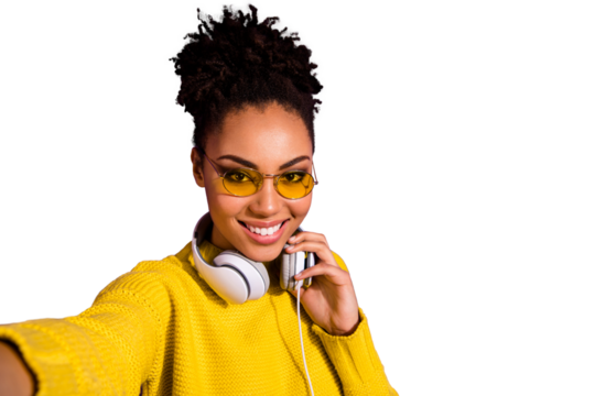 Close up photo of modern cute teen make photos moment video call have earphone yellow pullover  isolated over violet background