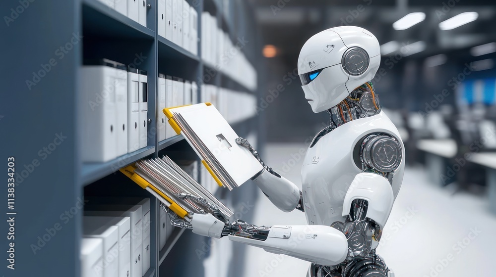 Poster a robot organizing files on a shelf in a modern office.