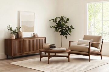 Stylish living room interior with brown sofa, plants and modern decor. Modern home design in neutral colors. Scandinavian style, contemporary style. Mocha mousse - color 2025