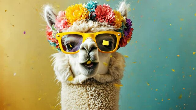 A llama wearing sunglasses and a flower headband is surrounded by confetti