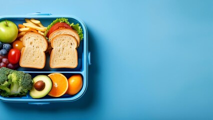 An appealing and health-conscious school lunch scene captured from above. The lunchbox features delectable sandwiches and fresh snacks on a blue background, offering copyspace for text or advertising