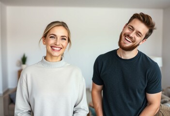 Two people with bright blue eyes in a modern living room